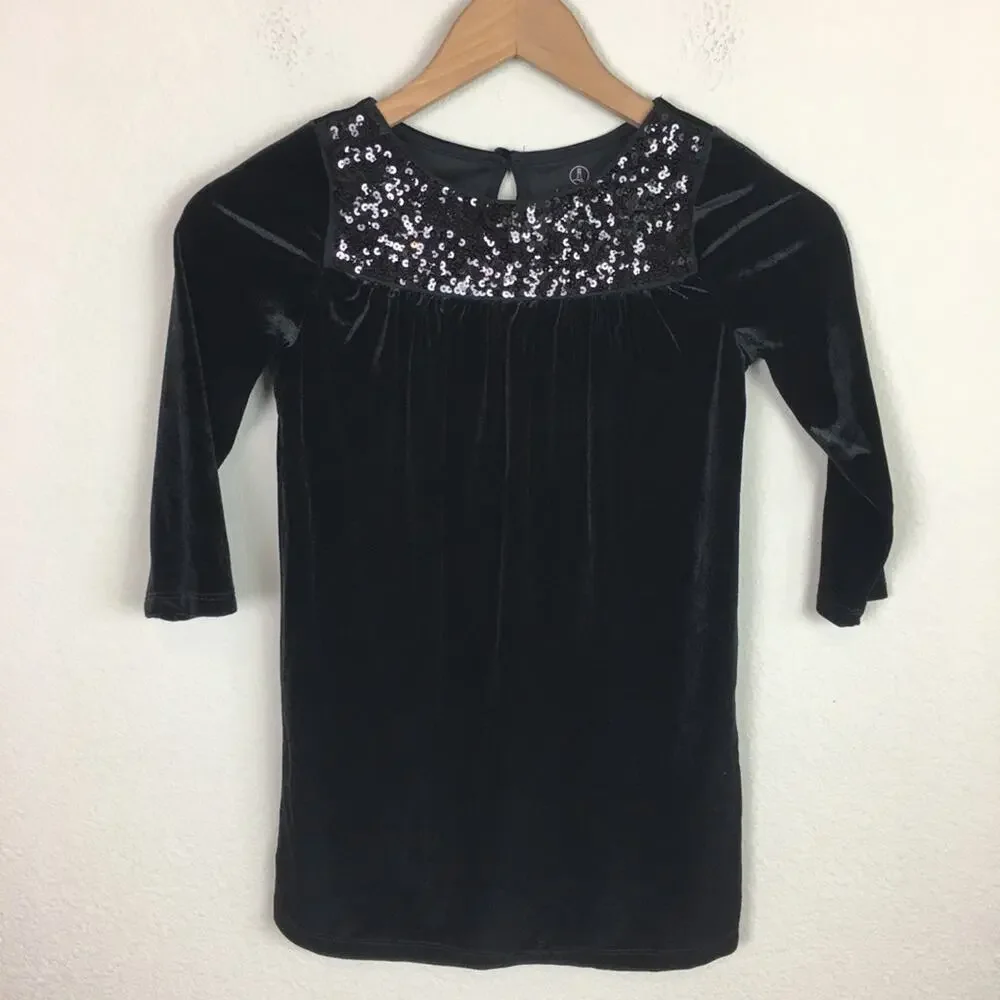 Lands' End Girls Black Velour Sequined Long Sleeve Dress 7-8